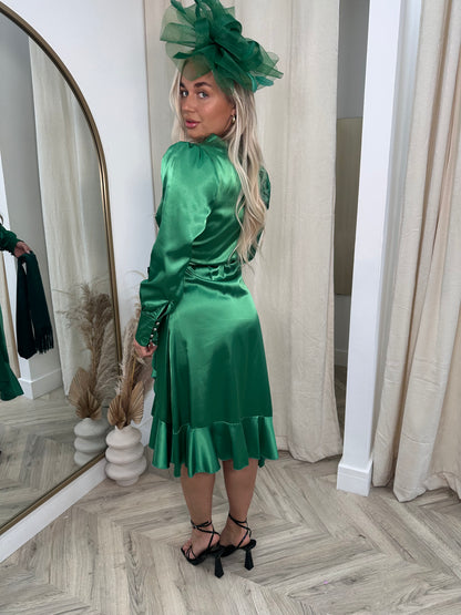 Satin Green Lacey Midi Dress