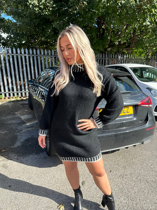 Rayna Knitted Contrast Jumper Dress - BLACK