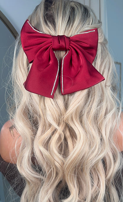 Short Tie Hair Bow - Burgundy Diamanté