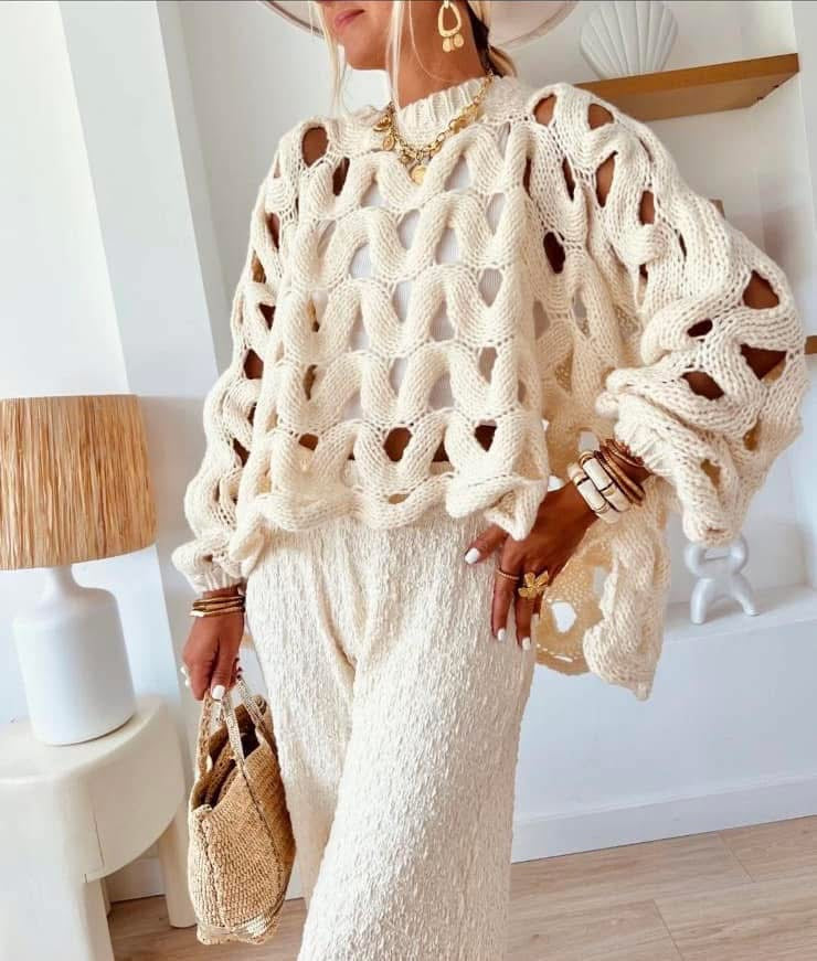 Bluebell Crochet Knit Sweater - Cream