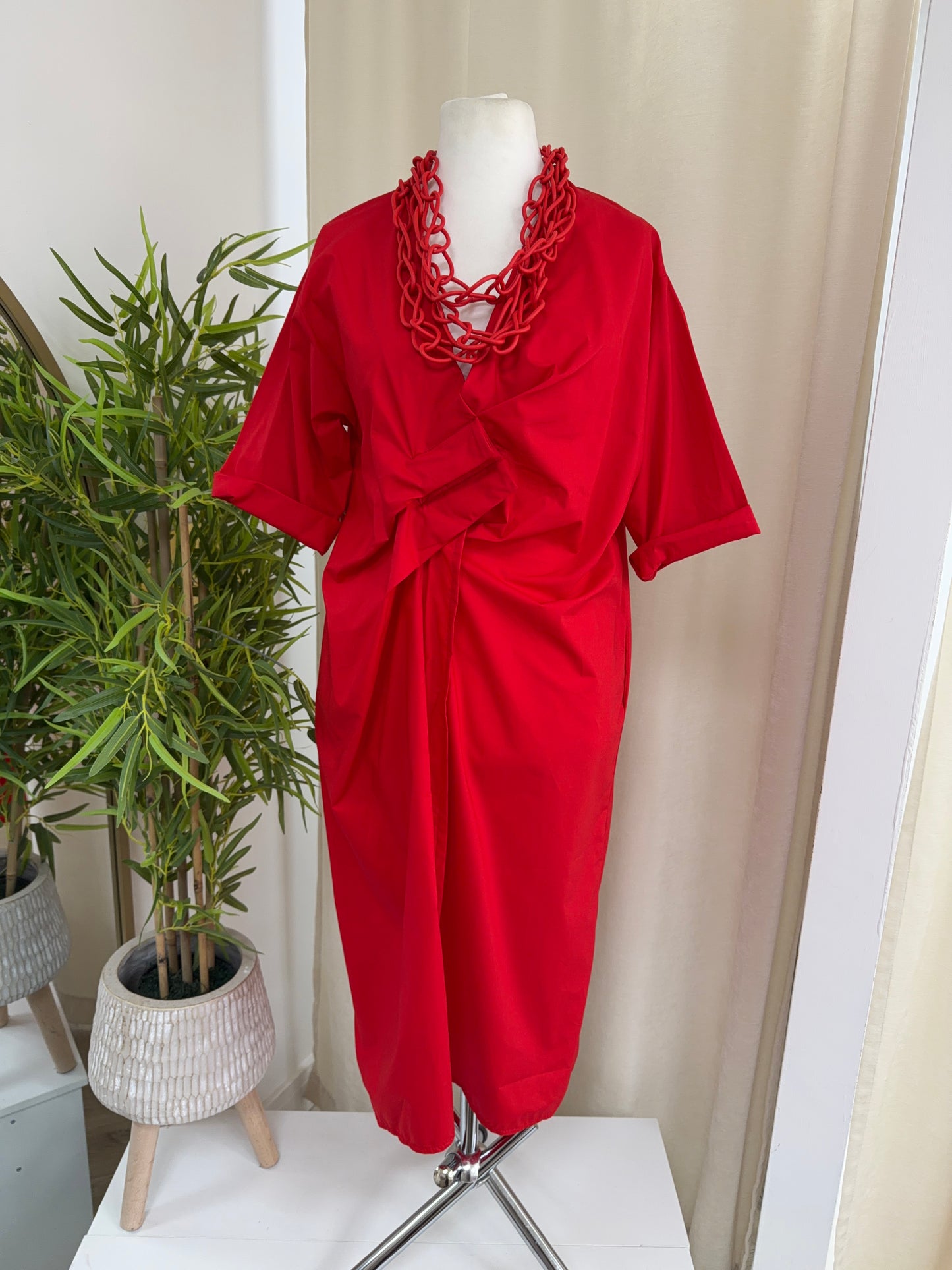 Hermione Cross Front Midi Dress - Red